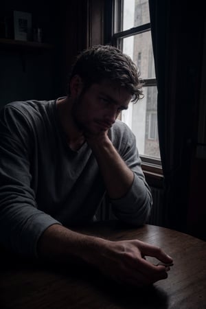 1 man, thin, stubble, sitting across the table, accross the table from viewer, pov, front view, facing viewer, looking at viewer, hazel eyes, hands on table, dark room, small apartment, withered flower, window with view of night, rain, shadows, in the dark, melancholy, depression, sadness, hope, cinematic lighting