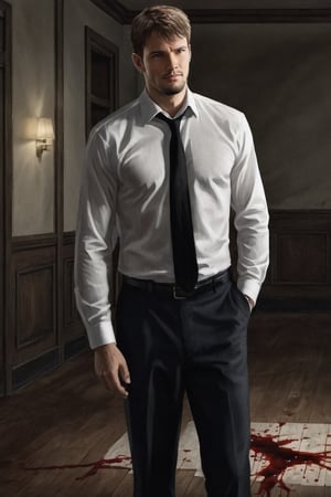 full body portrait, handsome detective, photorealistic, white collared shirt, black tie, solo, scene from a detective movie, investigating, looking at a bloodstain on the floor, kyle_hyde