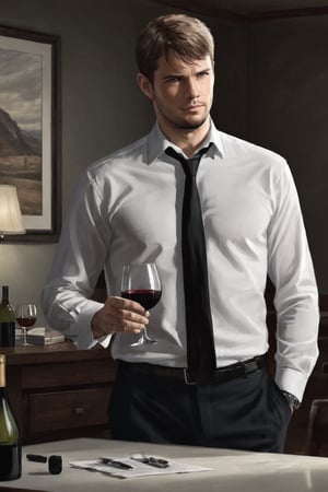 full body portrait, handsome detective, photorealistic, white collared shirt, black tie, solo, thinking expression, looking at a glass vase of wine sitting on the table in front of him,kyle_hyde