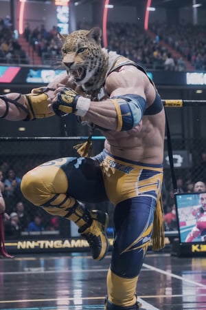 king_tekken, wrestling outfit, in the air,flying jumpkick, wrestling ring, high quality, best quality, masterpiece, 8k, intricate details, highly detailed, 