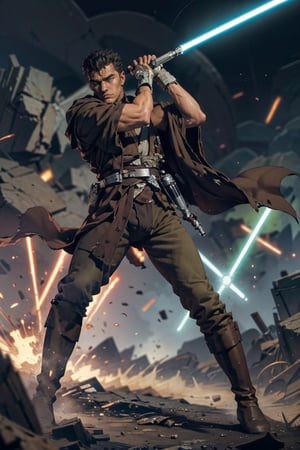 1 man, image of a mature man who looks like "Guts" from Berserk in Jedi robes holding an orange lightsaber, Jedi, Master, Male_Warrior, Male Knight, Torn_Cloak, Torn Clothes, Fight_Traces,  mature, 35 years old, short hair, (Multiple_Enemies,surrounded_Enemies), in jedioutfit, torn clothes, correctly wielding a lightsaber, light_saber, black dress, cloth pieces, storm trooper