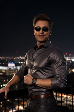 fullbody image of Johnny Cage, man, colalred shirt, full body, sunglasses, open shirt, bare chest, smile, visible eyes, balcony, city lights in background, night, starry sky, professional photography, ultra sharp focus, tetradic colors, photorealistic, photo r3al,1, well lit scene,johnny_cage_mk1