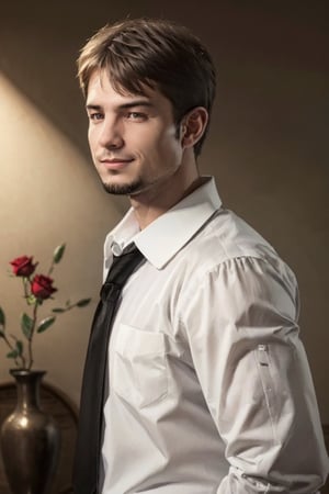 (1 image only), solo male,Kyle Hyde, formal attire, detective, white collared shirt and black necktie, mature, manly, masculine,  confidence, charming, alluring, slight smile, upper body in frame, perfect anatomy, perfect proportions, 8k, HQ, (best quality:1.5, hyperrealistic:1.5, photorealistic:1.4, madly detailed CG unity 8k wallpaper:1.5, masterpiece:1.3, madly detailed photo:1.2), (hyper-realistic lifelike texture:1.4, realistic eyes:1.2), picture-perfect face, perfect eye pupil, detailed eyes, perfecteyes, investigating, looking at a rose in a vase with interest and curiosity,kyle_hyde