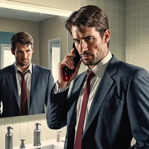 a photo of 30 years old handsome male detective in formal suit, scene from psycho-thriller, in a bathroom stall, looking at his own reflection in a mirror, only his reflection has blood on face, (high detailed skin:1.2), 8k uhd, dslr, bokeh,  high quality, Fujifilm XT3, sharp focus, by pascal blanche rutkowski repin artstation hyperrealism painting concept art of detailed character design matte painting, 4 k resolution,kyle_hyde