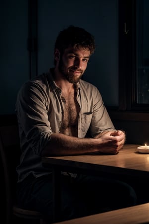 1 man, thin, beard, sitting across the table, dark room, small apartment, darkness, shadows, window, night, small light on table, sad smile, looking at viewer, hands on table, melancholic, depression