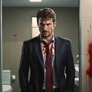 a photo of 30 years old handsome male detective in formal suit, in a bathroom stall, scene from psycho-thriller, looking at a blood splatter in the wall, his reflection in the mirror is looking back at him menancingly, (high detailed skin:1.2), 8k uhd, dslr, bokeh,  high quality, Fujifilm XT3, sharp focus, by pascal blanche rutkowski repin artstation hyperrealism painting concept art of detailed character design matte painting, 4 k resolution,kyle_hyde