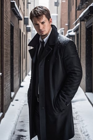 A handsome male detective, scene from detective movie, winter clothes, snow, alley, crime scene, investigating crime scene, looking down at bloodstain, blood on snow --style raw ,kyle_hyde