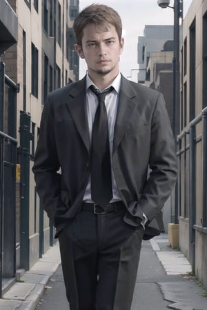 kyle_hyde, image of Kyle Hyde walking in a dark alley during the night, night sky, detective, formal attire, white shirt, black tie, brown hair, 1man, jacket, white shirt, full body, male focus, necktie, collared shirt, formal, suit, black necktie, Handsome man, hands in pocket, good quality, simple background,photorealistic