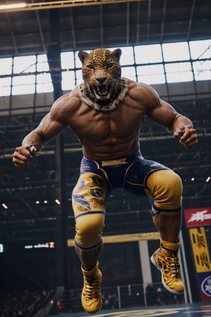 image of King from Tekken jumping in the air towards the camera with spread arms and legs, on top of viewer, bottom view, wrestling outfit, bare chest, in the air, leopard mask, cape, full body, cinematic, masterpiece, photorealistic, 8k, beautiful, volumetric lighting, detailed, realistic, ultra realistic,high detail, hd, depth of field, king_tekken,photorealistic