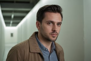 Hyperrealistic photograph of a handsome man, 35 years old, average body, short hair, serious. Straight hair. Very light and big green eyes. Flaxen. Dark hair.

The man is lost in a maze of endless white walls similar to the backrooms. 

The man wears a light brown jacket. Eerie light comes from neon signs on the walls. The image portrays a myserious and eerie feeling. Photo from distance.