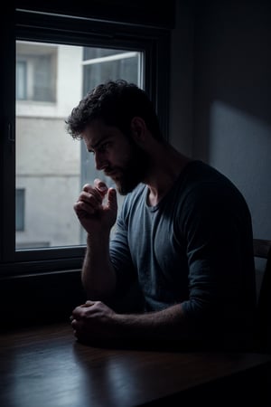1 man, thin, beard, sitting across the table, dark room, small apartment, darkness, shadows, window, night, small light on table, sad, hopeful, front view, facing viewer, looking at viewer, holding hands across the table, melancholic, depression, cinematic lighting