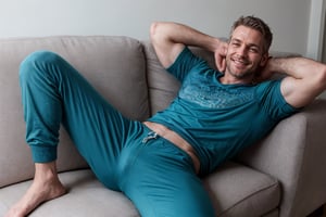 1man, mature man, 40 yo, lean, stubble, smile, short teal sweatpants, t-shirt, lying on couch, leg up, looking at viewer, smile, apartment, sunny
