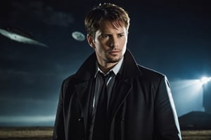 A handsome male detective, scene from detective movie, x files, conspiracy theory, alien ship in the sky --style raw ,kyle_hyde