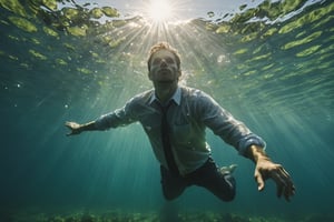 handsome man floating underwater, full body, collared shirt, clothes floating underwater, view from below, swiming towards the camera, almost touching the bottom of the lake, sun shines through the water, algae, air bubbles, hiperrealistic, eerie, dreamy, mysterious, distortion water effect, cinematic, kyle_hyde, Movie Still