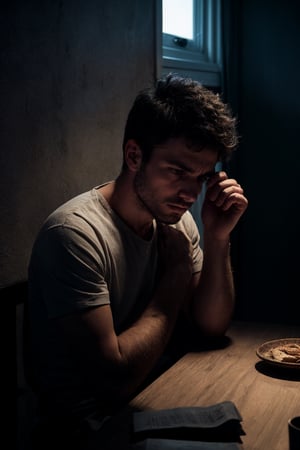 1 man, thin, stubble, sitting across the table, front view, facing viewer, looking at viewer, hands across the table, dark room, small apartment, darkness, shadows, window, night, small light on table, sad, hopeful, melancholic, depression, cinematic lighting