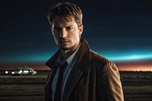 A handsome male detective, scene from detective movie, x files, conspiracy theory, alien ship in the sky, different colored lights in the sky --style raw ,kyle_hyde