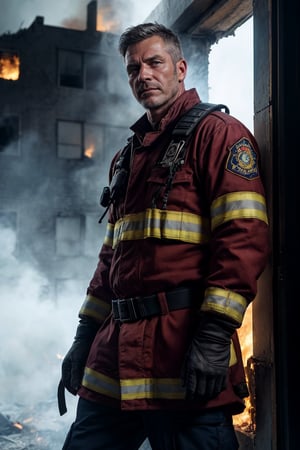 1man, mature man, 40 yo, handsome, firefighter uniform, looking at viewer, inside burning building, cinematic light