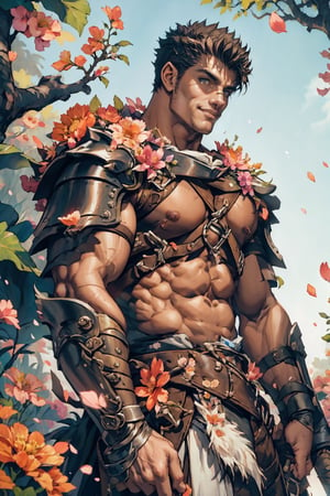 flower4rmor, flower barbarian armor, front view image of "Guts" from Berserk wearing flower barbarian armor, in a fantasy medieval garden background during a sunny summer day, resting in the shade of a large tree, flower petals in the wind, harness, pectorals, abs, bare chest, realistic, masterpiece, high quality, intricate details, detailed background, depth of field, mature, 40 years old, detailed face, facing the viewer, happy expression, smiling at the viewer, hazel eyes,   Pectoral Focus