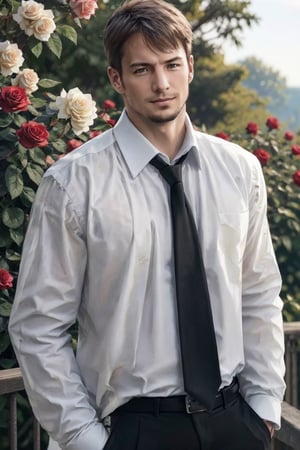 (1 image only), solo male,Kyle Hyde, detective, white collared shirt and black necktie, a beautiful rose in his shirt's breastpocket, mature, manly, masculine,  confidence, charming, alluring, romantic, slight smile, looking at viewer, perfect anatomy, perfect proportions, 8k, HQ, (best quality:1.5, hyperrealistic:1.5, photorealistic:1.4, madly detailed CG unity 8k wallpaper:1.5, masterpiece:1.3, madly detailed photo:1.2), (hyper-realistic lifelike texture:1.4, realistic eyes:1.2), picture-perfect face, perfect eye pupil, detailed eyes, perfecteyes, mature, 40 years old, outside, sunny summer day, in a rose garden, kyle_hyde,flower4rmor