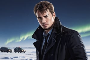 A handsome male detective, scene from detective movie, arctic, winter clothes, looking down at a splatter of blood in the snow, aurora borealis in the sky --style raw ,kyle_hyde