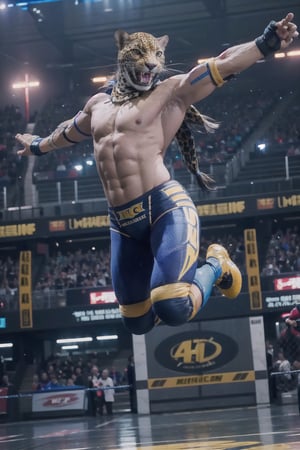 image of King from Tekken jumping in the air towards the camera with spread arms and legs, wrestling outfit, bare chest, jumping, in the air, leopard mask, full body, cinematic, masterpiece, photorealistic, 8k, beautiful, volumetric lighting, detailed, realistic, ultra realistic,high detail, hd, depth of field, king_tekken