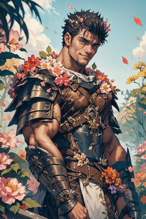 flower4rmor, flower barbarian armor, front view image of "Guts" from Berserk wearing flower barbarian armor, in a fantasy medieval garden background during a sunny summer day, resting in the shade of a large tree, short hair, crown of flowers on his head, flower petals in the wind, facing the viewer, turned towards the viewer, happy expression, smiling at the viewer, hazel eyes, harness, bare chest, very hairy chest, realistic, masterpiece, high quality, intricate details, detailed background, depth of field, mature, 40 years old, detailed face, Pectoral Focus