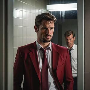 a photo of 30 years old handsome male detective in formal suit, in a bathroom stall, scene from psycho-thriller, looking at a mirror on the wall, a dark red shadow is seen through the mirror, (high detailed skin:1.2), 8k uhd, dslr, bokeh,  high quality, Fujifilm XT3, sharp focus, by pascal blanche rutkowski repin artstation hyperrealism painting concept art of detailed character design matte painting, 4 k resolution,kyle_hyde