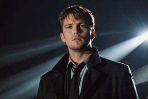 A handsome male detective, scene from detective movie, looking up towards the sky, x files, a lightbeam from directly above envelops him completly --style raw ,kyle_hyde