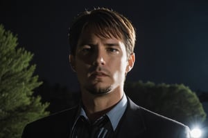 A handsome male detective, scene from detective movie, looking up towards the sky, x files, a lightbeam illuminates him --style raw ,kyle_hyde