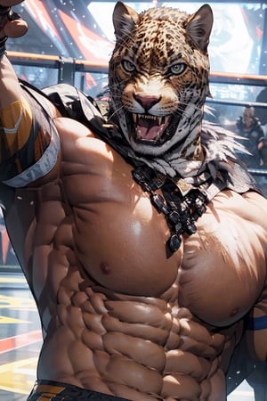 (best Quality), (Masterpiece), arafed, an illustration of man (King from Tekken), (mature_male), tan skin, bara, shirtless, rugged, muscular pectorals, huge pectorals, thick forearm, solo, manly, (niji), wrestling ring, sweaty, pointing towards viewer, 1boy,king_tekken