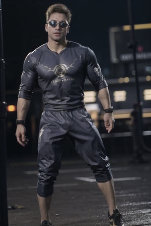 image of Johnny Cage from Mortal Kombat 1, sweatpants, sportswear, sunglasses, visible eyes, glint, battle arena in the background, full body, cinematic, masterpiece, photorealistic, 8k, beautiful, volumetric lighting, detailed, realistic, ultra realistic,high detail, hd, depth of field,johnny_cage_mk1
