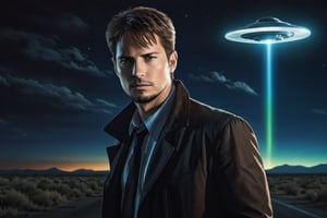 A handsome male detective, scene from detective movie, x files, conspiracy theory, alien ship in the sky, ufo, ufo with different colored lights in the sky, night  --style raw ,kyle_hyde