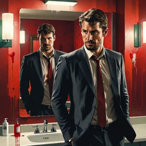 a photo of 30 years old handsome male detective in formal suit, in a bathroom stall, scene from psycho-thriller, looking at a mirror, his reflection in the mirror is looking back at him and is stained in blood, hands in pocket, (high detailed skin:1.2), 8k uhd, dslr, bokeh, red light, high quality, Fujifilm XT3, sharp focus, by pascal blanche rutkowski repin artstation hyperrealism painting concept art of detailed character design matte painting, 4 k resolution,kyle_hyde