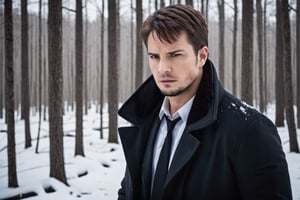 A handsome male detective, scene from detective movie, winter clothes, snow, forest, crime scene, investigating crime scene, looking at bloodstain --style raw ,kyle_hyde