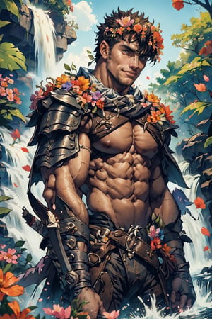 flower4rmor, flower barbarian armor, front view image of "Guts" from Berserk wearing flower barbarian armor, in a fantastic glade with many wildflowers, next to a waterfall, sunny summer day, bare chest, very hairy chest, pectoral muscles short hair, flower crown on his head, flower petals in the wind, facing the viewer, turned towards the viewer, happy expression, smiling at the viewer, expressive brown eyes, harness, realistic, masterpiece, high quality, intricate details, detailed background, depth of field, mature, 40 years old, detailed face, Pectoral Focus