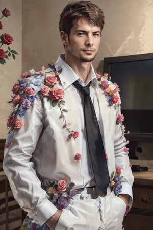 (1 image only), solo male,Kyle Hyde, detective, white collared shirt and black necktie, rose pattern on shirt, covered in roses, mature, manly, masculine,  confidence, charming, alluring, romantic, slight smile, perfect anatomy, perfect proportions, 8k, HQ, (best quality:1.5, hyperrealistic:1.5, photorealistic:1.4, madly detailed CG unity 8k wallpaper:1.5, masterpiece:1.3, madly detailed photo:1.2), (hyper-realistic lifelike texture:1.4, realistic eyes:1.2), picture-perfect face, perfect eye pupil, detailed eyes, perfecteyes,  mature, 40 years old, kyle_hyde,flower4rmor