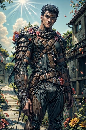 (4k), (masterpiece), (best quality),(extremely intricate), (realistic), (sharp focus), (cinematic lighting), (extremely detailed),

A mature man who looks like "Guts" from Berserk wearing an armor adorned with flowers, standing in a garden of flowers. His hair is adorned with flowers. He has a happy expression and is smiling at the viewer. 

,sunny summer day, flower4rmor, flower bodysuit,Flower, mature, 40 years old