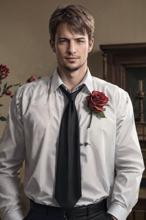(1 image only), solo male,Kyle Hyde, detective, white collared shirt and black necktie, rose pattern on shirt, covered in roses, mature, manly, masculine,  confidence, charming, alluring, romantic, slight smile, looking at viewer, perfect anatomy, perfect proportions, 8k, HQ, (best quality:1.5, hyperrealistic:1.5, photorealistic:1.4, madly detailed CG unity 8k wallpaper:1.5, masterpiece:1.3, madly detailed photo:1.2), (hyper-realistic lifelike texture:1.4, realistic eyes:1.2), picture-perfect face, perfect eye pupil, detailed eyes, perfecteyes, mature, 40 years old, kyle_hyde,flower4rmor