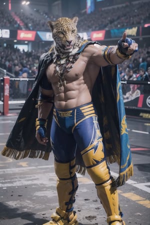 image of King from Tekken pointing towards the viewer, wrestling outfit, ready for battle, bare chest, leopard mask, cape, feathers, necklace, full body, cinematic, masterpiece, photorealistic, 8k, beautiful, volumetric lighting, detailed, realistic, ultra realistic,high detail, hd, depth of field, king_tekken