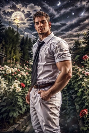 (1 image only), solo male,Kyle Hyde, detective, depict an image of a man who looks like "Kyle Hyde" in a rose garden during nighttime waiting for someone for a secret romantic date, standing under a rose arch, a lot of flowers (roses) in the background, white collared shirt and black necktie, a beautiful rose in his shirt's breastpocket, mature, manly, masculine,  confidence, charming, alluring, romantic, mischievous smile, looking at viewer, perfect anatomy, perfect proportions, 8k, HQ, (best quality:1.5, hyperrealistic:1.5, photorealistic:1.4, madly detailed CG unity 8k wallpaper:1.5, masterpiece:1.3, madly detailed photo:1.2), (hyper-realistic lifelike texture:1.4, realistic eyes:1.2), picture-perfect face, perfect eye pupil, detailed eyes, perfecteyes, mature, 40 years old, outside, nighttime, starry sky in the background, moon shines above, in a rose garden, flower4rmor,kyle_hyde,Glass flower room