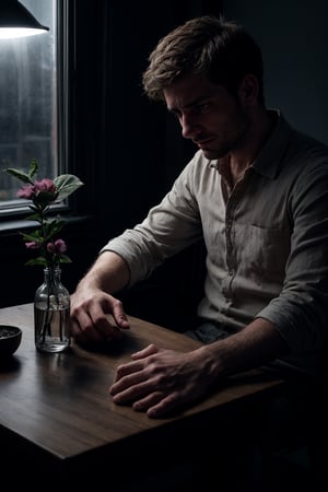 1 man, thin, stubble, sitting across the table from the viewer, front view, facing viewer, looking at viewer, hazel eyes, reaching with his hands across the table, dark room, small apartment, darkness, shadows, window, night, withered flower in vase, small light on table, sad, hopeful, melancholic, depression, cinematic lighting