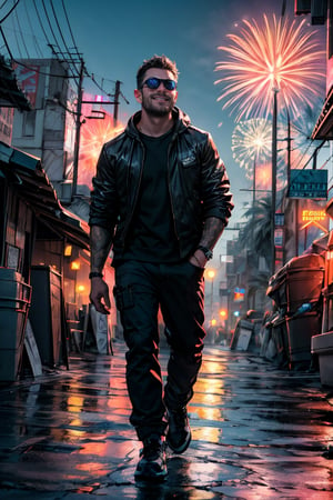 (masterpiece, best quality, ultra-detailed, 8K),, (colorful), 1 male, solo, middle age ,nice smile, (detailed fireworks), (new years celebration), on a street in a cyberpunk city, facing the viewer, smiling at the viewer, romantic, wishing you a Happy New Year, ray tracing, vibrant colors,  masterpiece, sharp focus, best quality, depth of field, cinematic lighting, detailed outfit, perfect eyes, rich in details and textures, outdoors, night sky, fireworks in the sky, cyberpunk setting, high-tech, neon lights, detailed landscape, vibrant colors, Cyberpunk, cyberpunk city,man