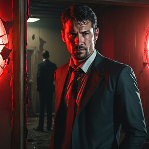 a photo of 30 years old handsome male detective in formal suit, scene from psycho-thriller, in an abandonned building, looking at a cracked mirror, dark red shadowy eyes are visible from the cracked mirror, expression of distress and on the verge of insanity, surrounded in darkness and red lights, (high detailed skin:1.2), 8k uhd, dslr, bokeh,  high quality, Fujifilm XT3, sharp focus, by pascal blanche rutkowski repin artstation hyperrealism painting concept art of detailed character design matte painting, 4 k resolution,kyle_hyde
