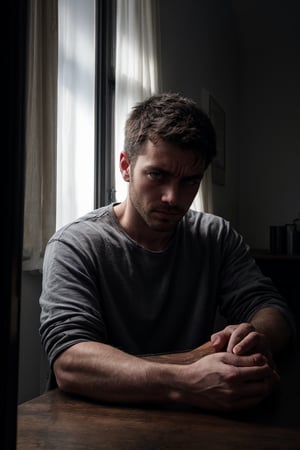 1 man, thin, stubble, sitting across the table from the viewer, front view, facing viewer, looking at viewer, hazel eyes, reaching with his hands across the table, dark room, small apartment, darkness, shadows, window, night, withered flower in vase, small light on table, sad, hopeful, worried expression, melancholic, depression, cinematic lighting