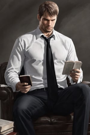 full body portrait, handsome detective, photorealistic, white collared shirt, black tie, walking, sitting, reading book, solo,kyle_hyde