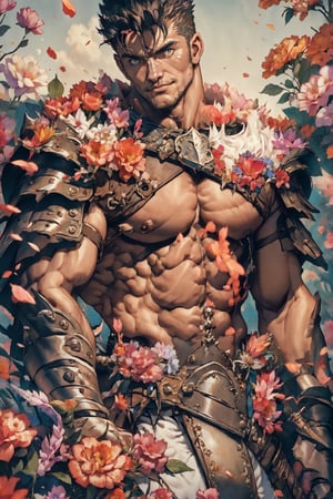 flower4rmor, flower barbarian armor, image of "Guts" from Berserk wearing flower barbarian armor, fantasy medieval garden background, harness, pectorals, abs, realistic, masterpiece, high quality, ntricate details, detailed background, depth of field, mature, 40 years old, detailed face, happy expression, smiling at the viewer, hazel eyes, bare chest, pectoral muscles, ,Pectoral Focus