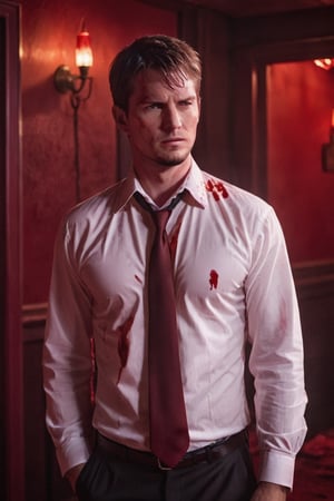 A handsome male detective, enveloped in red light and a Crimson Wash, exuding Turbulent Serenity, directed towards a Vanishing Point, all under the Storm’s Breath, unbuttoned white collared shirt, bare chest, injuries, bleeding, red room, scene from detective movie  --style raw ,kyle_hyde