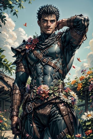 1 man, mature, 40 years old, (4k), (masterpiece), (best quality),(extremely intricate), (realistic), (sharp focus), (cinematic lighting), (extremely detailed),

A mature man who looks like "Guts" from Berserk wearing an armor adorned with flowers, standing in a garden of flowers during a sunny summer day. His hair is adorned with flowers. He has a happy expression and is smiling at the viewer. He is cooling off in the shade of a large tree.

, flower4rmor, flower bodysuit,Flower, 