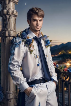 (1 image only), solo male,Kyle Hyde, detective, depict an image of a man who looks like "Kyle Hyde" in a garden of blue roses during nighttime waiting for someone for a secret romantic date, standing under a rose arch, a lot of blue flowers (roses) in the background, white collared shirt and black necktie, a beautiful blue rose in his shirt's breastpocket, covered in blue roses, crown of blue roses, mature, manly, masculine,  confidence, charming, alluring, romantic, mischievous smile, looking at viewer, perfect anatomy, perfect proportions, 8k, HQ, (best quality:1.5, hyperrealistic:1.5, photorealistic:1.4, madly detailed CG unity 8k wallpaper:1.5, masterpiece:1.3, madly detailed photo:1.2), (hyper-realistic lifelike texture:1.4, realistic eyes:1.2), picture-perfect face, perfect eye pupil, detailed eyes, perfecteyes, mature, 40 years old, outside, nighttime, starry sky in the background, moon shines above, in a garden of blue roses, flower4rmor,kyle_hyde