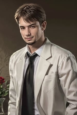 (1 image only), solo male,Kyle Hyde, formal attire, detective, white collared shirt and black necktie, mature, manly, masculine,  confidence, charming, alluring, slight smile, upper body in frame, perfect anatomy, perfect proportions, 8k, HQ, (best quality:1.5, hyperrealistic:1.5, photorealistic:1.4, madly detailed CG unity 8k wallpaper:1.5, masterpiece:1.3, madly detailed photo:1.2), (hyper-realistic lifelike texture:1.4, realistic eyes:1.2), picture-perfect face, perfect eye pupil, detailed eyes, perfecteyes, investigating, looking at a rose in a vase with interest and curiosity,the rose is fully visible, flower in full view, flower (rose) in focus, mature, 40 years old, kyle_hyde